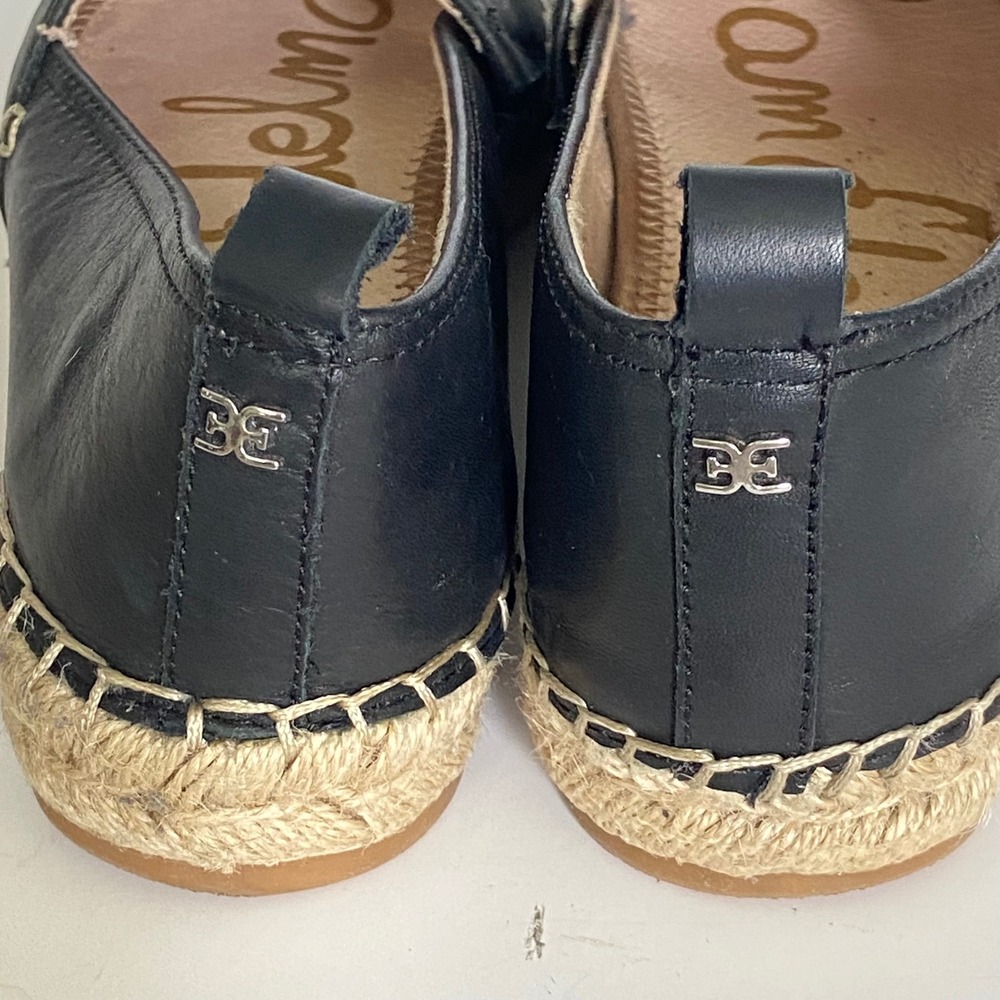 Sam Edelman Khloe Black Leather Espadrille Flats Jute Cap Toe Slip On Shoes 7M - Picture 5 of 7